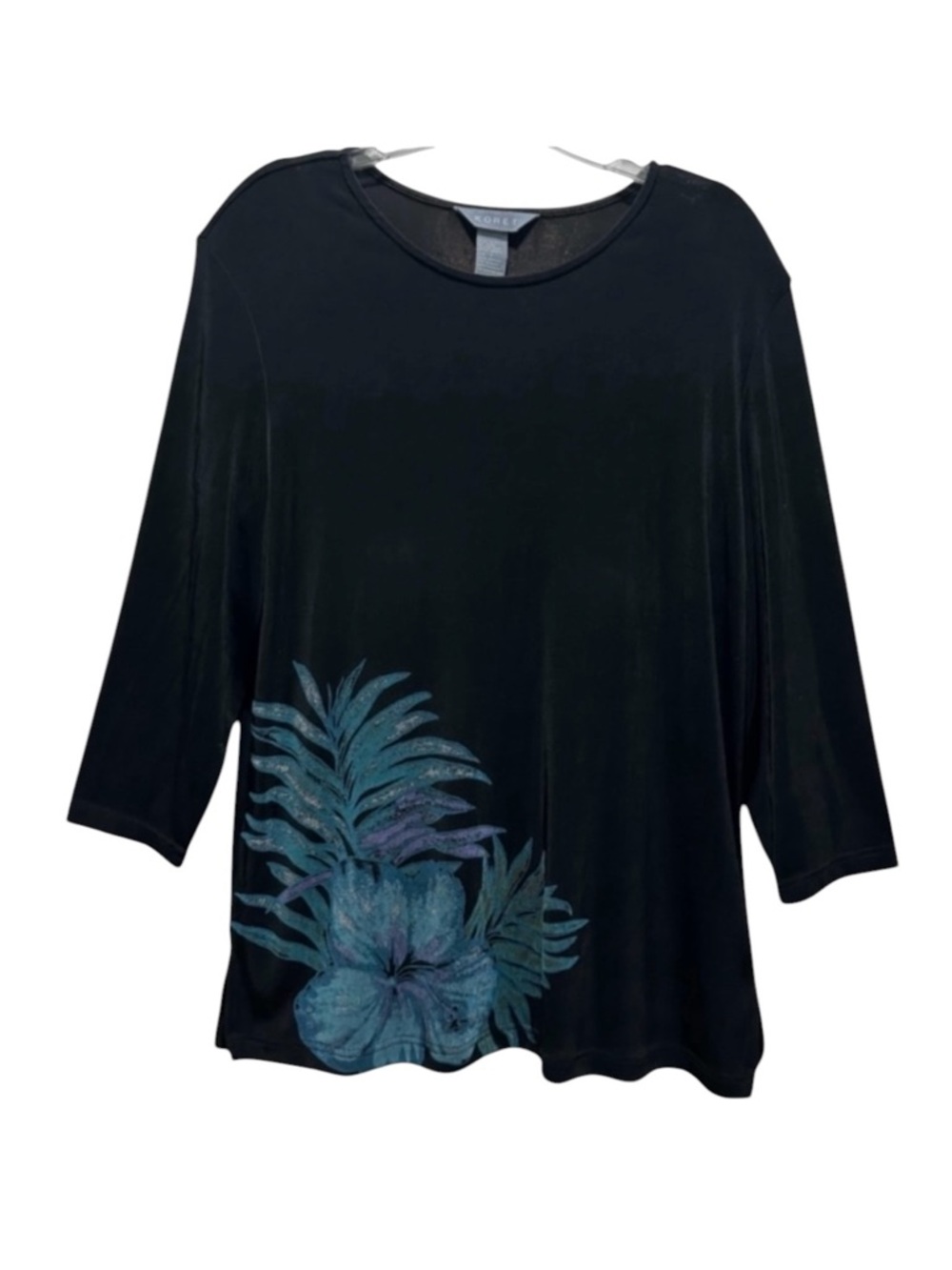 Slinky Black Tunic w/ 3/4 Sleeves and Purple, Teal Floral Graphic - Large